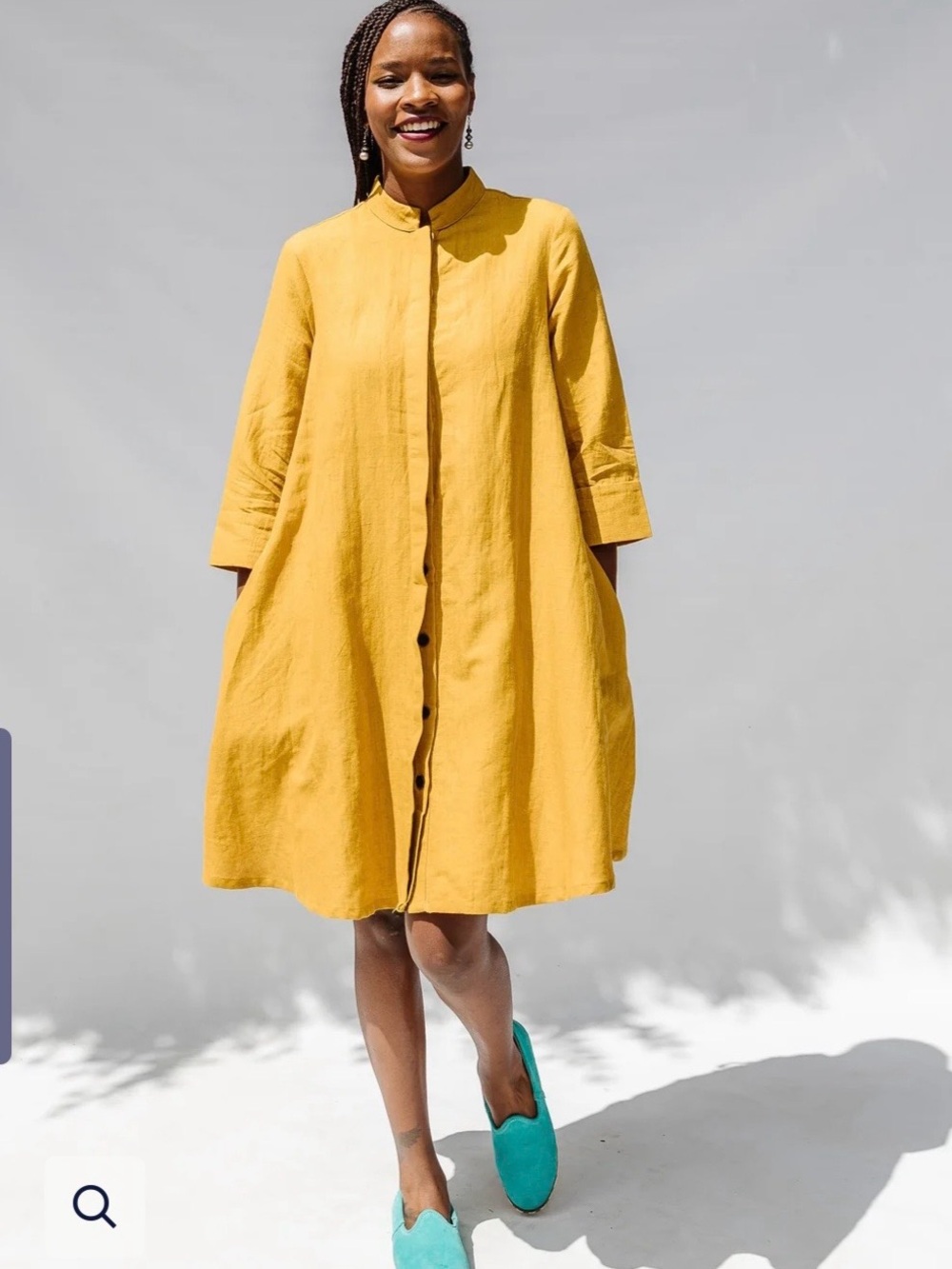 Zuri Kenya linen blend shirt dress mustard yellow button front lagenlook size M